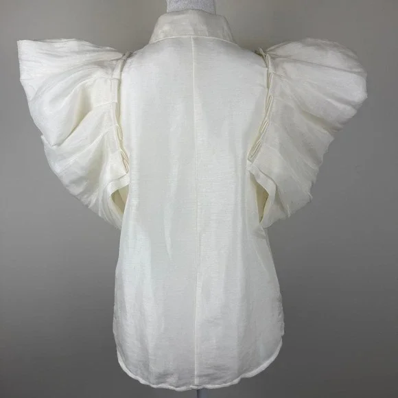 Aureta Linen Silk Puff Sleeve Blouse Women Medium Ivory Statement Button Down - Picture 4 of 10